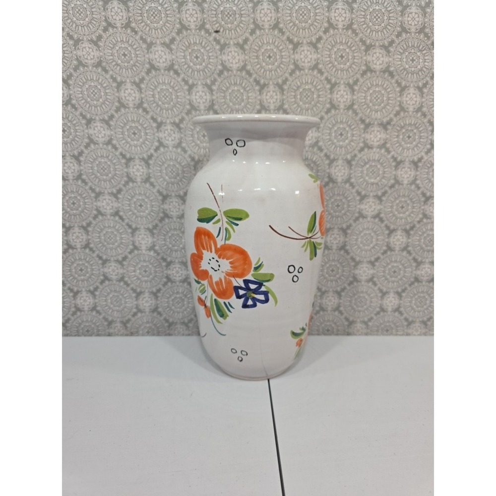 Floral Vase Made in Italy Ceramic Hand Painted Orange‎ Blue Flowers
